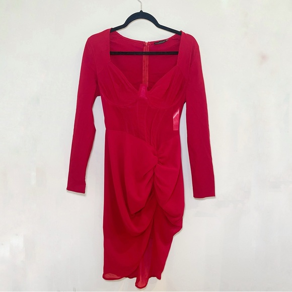 Pretty Little Thing Red Corset Detail Long Sleeve Ruched Midi Dress - Picture 5 of 6